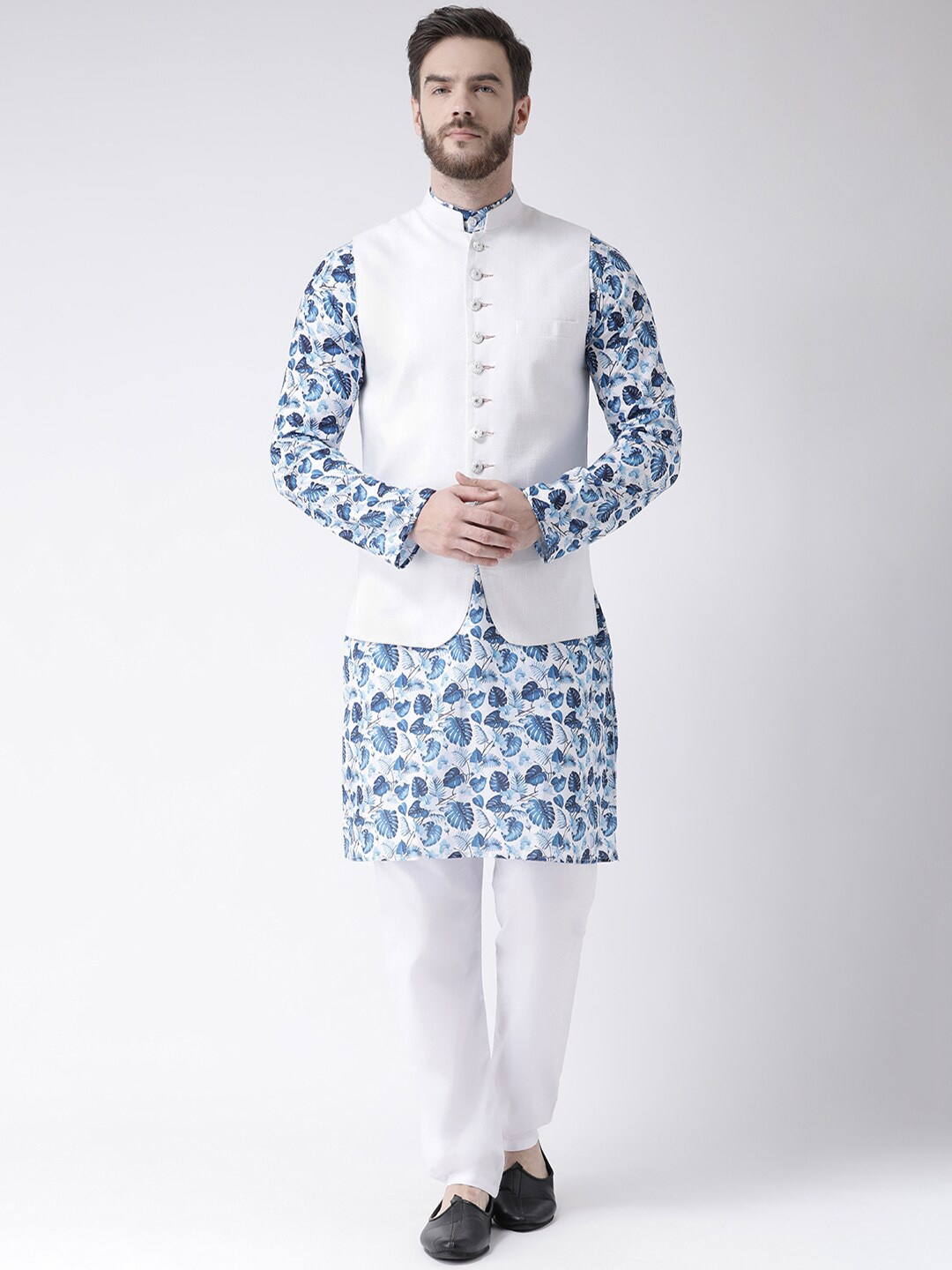 

hangup plus Men Floral Printed Pure Cotton Kurta With Pyjamas, Blue