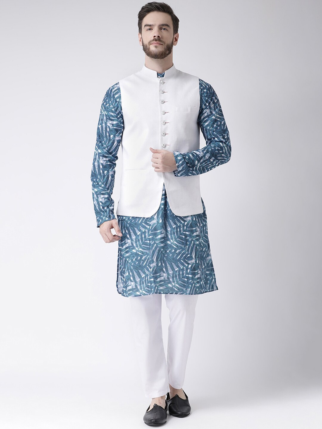 

hangup plus Men Floral Printed Pure Cotton Kurta with Pyjamas & Nehru Jacket, Blue