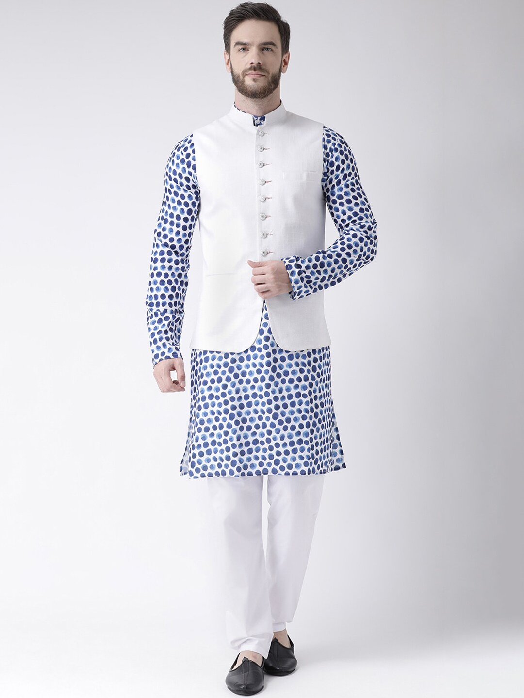 

hangup plus Men Printed Pure Cotton Kurta with Pyjamas & Nehru Jacket, Blue