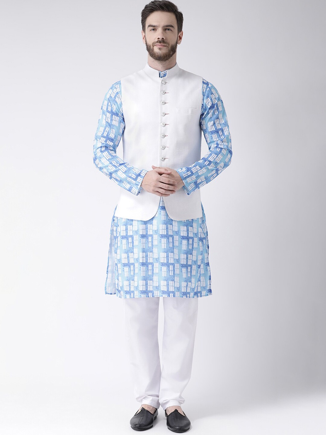 

hangup plus Men Mandarin Collar Printed Pure Cotton Kurta with Pyjamas With Nehru Jacket, Blue