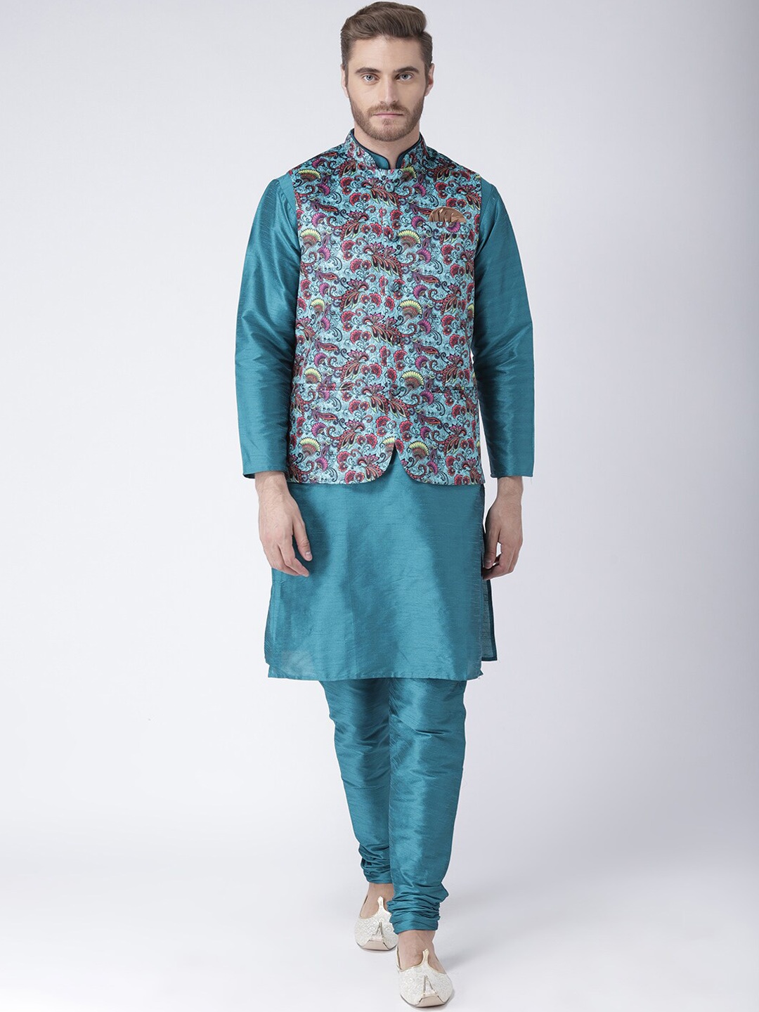 

hangup plus Men Mandarin Collar Kurta with Pyjamas With Nehru Jacket, Teal