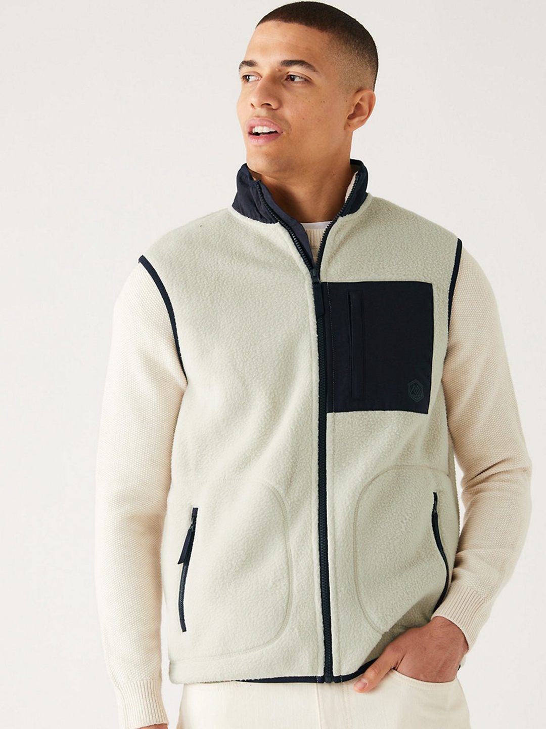 

Marks & Spencer Men Colourblocked Bomber Jacket, Cream