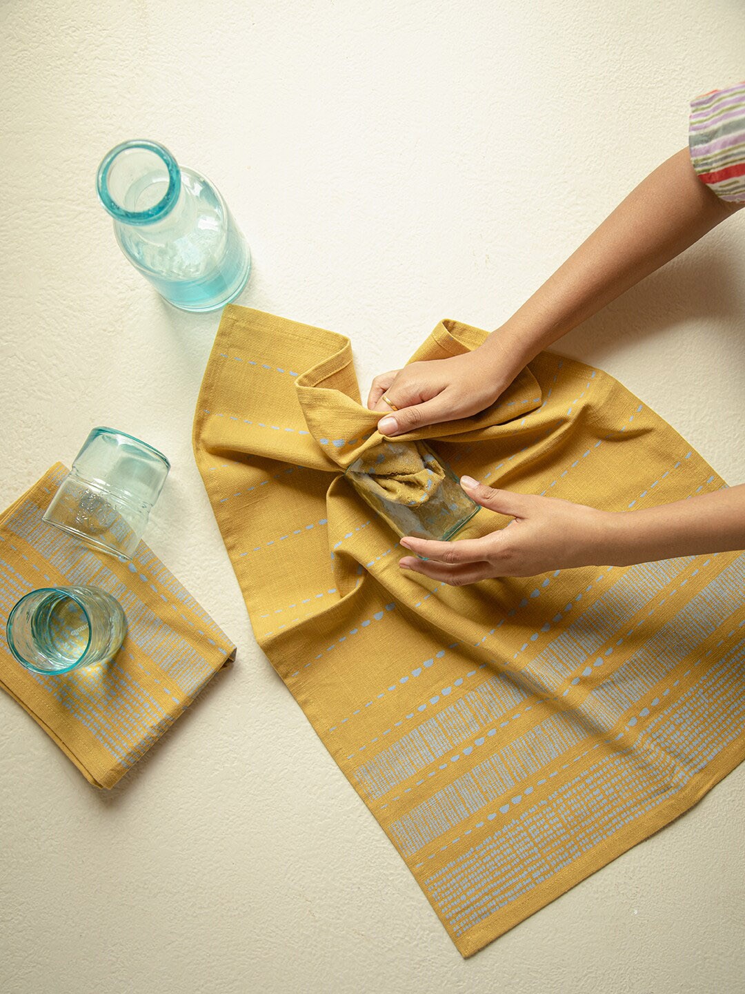 

ellementry Mellow Set Of 2 Mustard Yellow Striped Pure Cotton Kitchen Towels