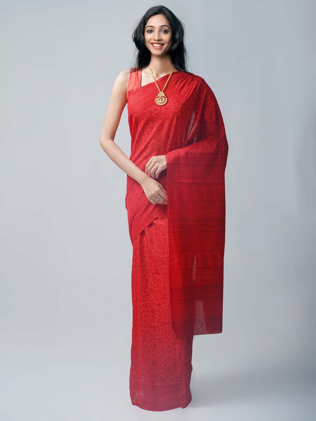 

Unnati Silks Ethnic Motifs Pure Cotton Block Print Saree, Red