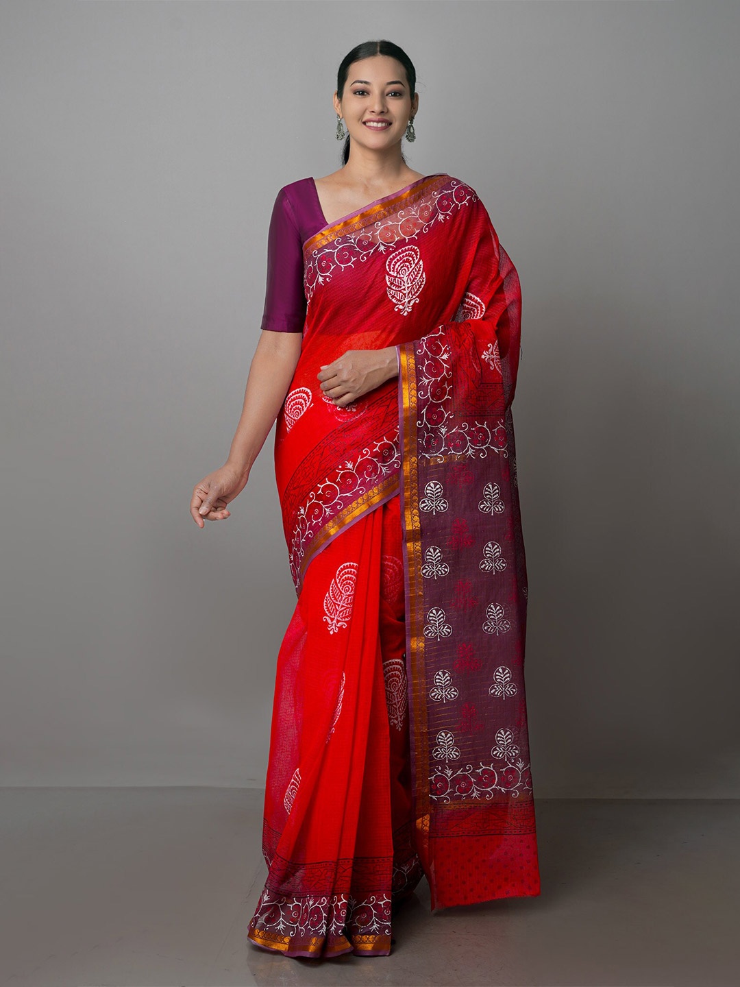 

Unnati Silks Ethnic Motifs Zari Pure Cotton Kota Saree, Red