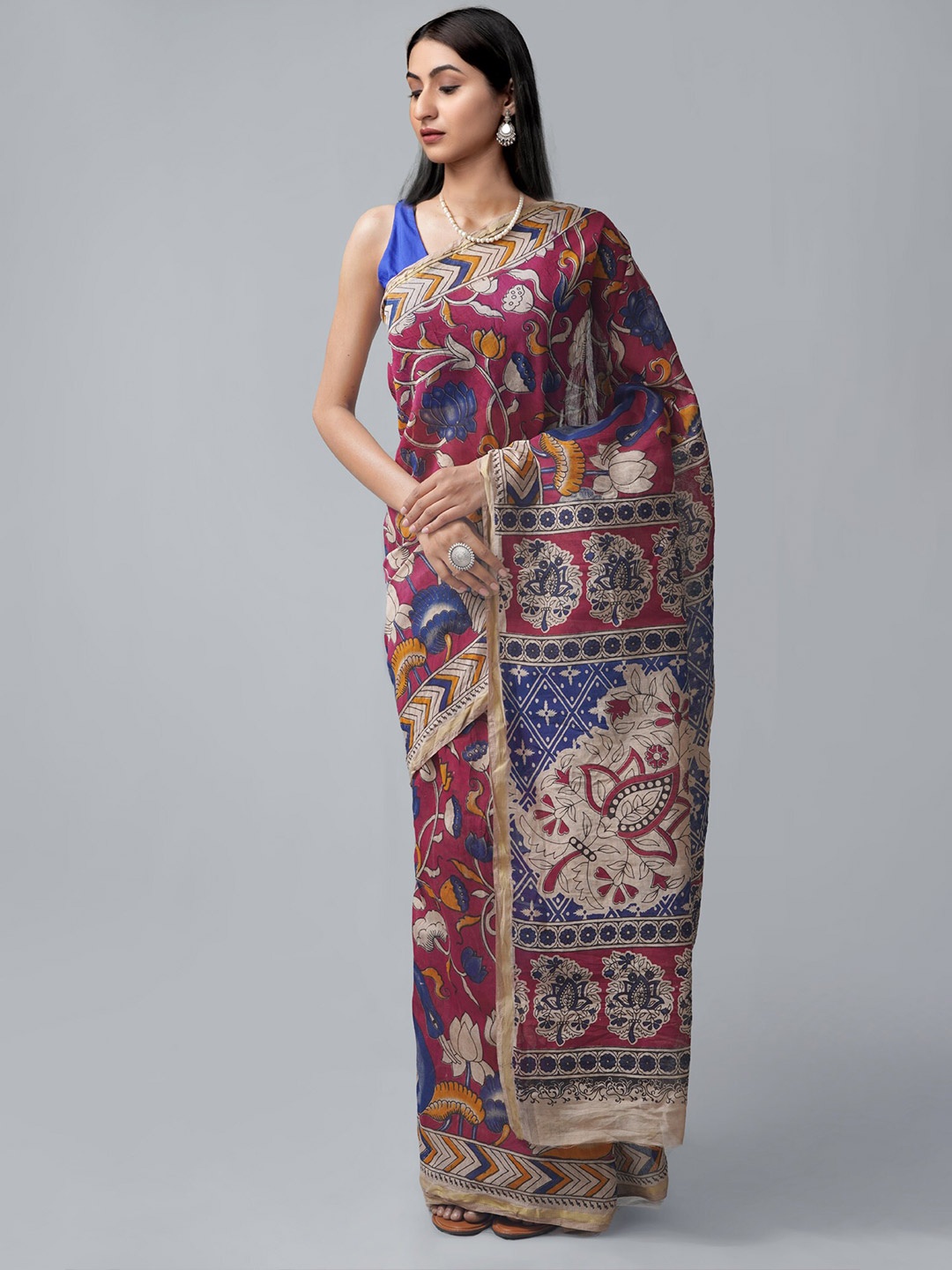 

Unnati Silks Kalamkari Silk Cotton Chanderi Saree, Red