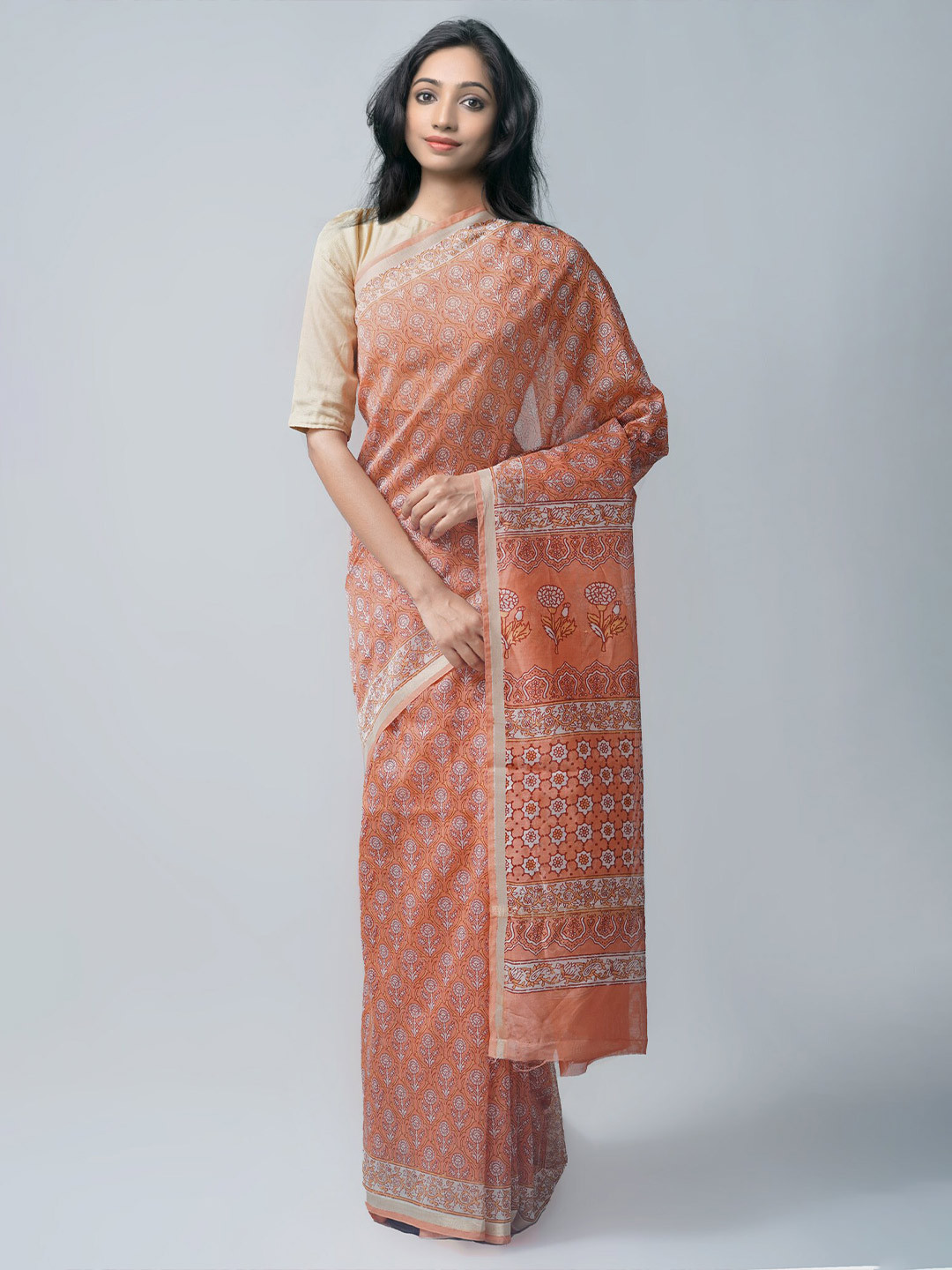 

Unnati Silks Ethnic Motifs Zari Silk Cotton Chanderi Saree, Orange