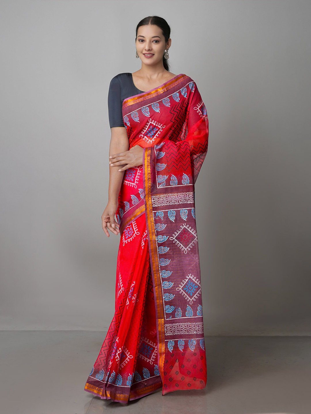

Unnati Silks Ethnic Motifs Zari Pure Cotton Kota Saree, Red