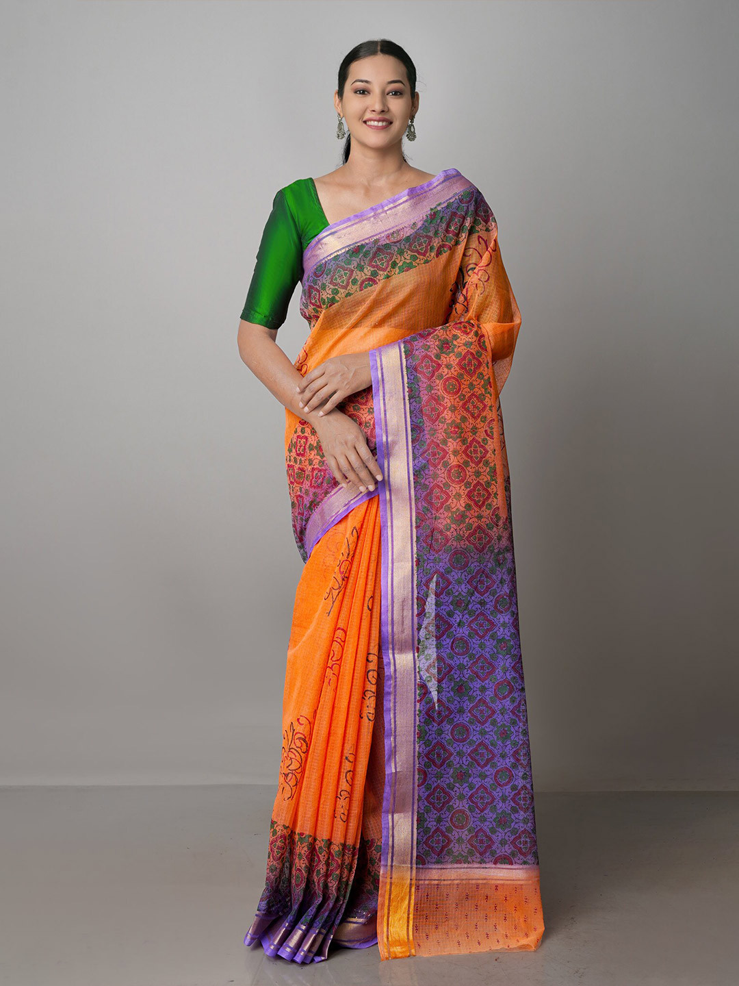 

Unnati Silks Ethnic Motifs Zari Pure Cotton Kota Saree, Orange