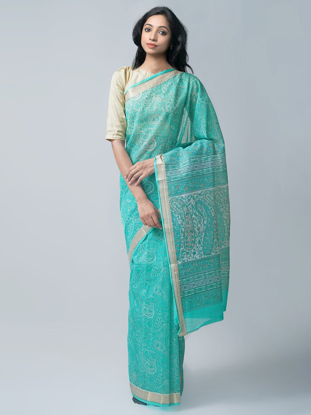 

Unnati Silks Paisley Zari Chanderi Saree, Green