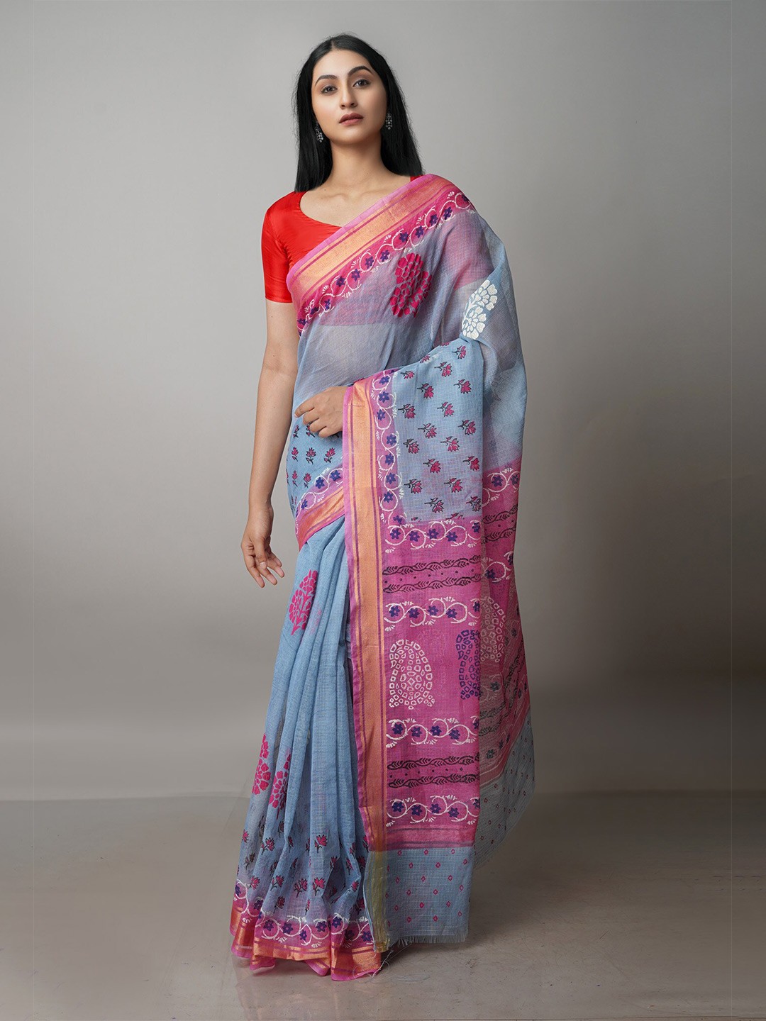 

Unnati Silks Floral Zari Pure Cotton Kota Saree, Grey