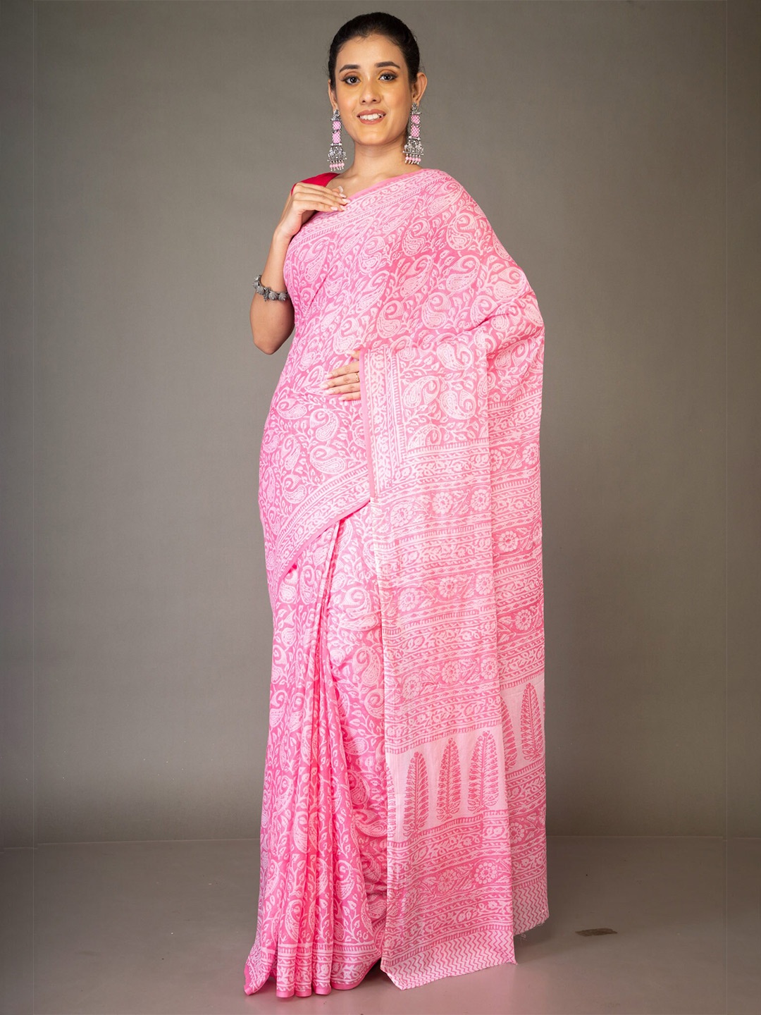 

Unnati Silks Paisley Pure Cotton Block Print Saree, Pink