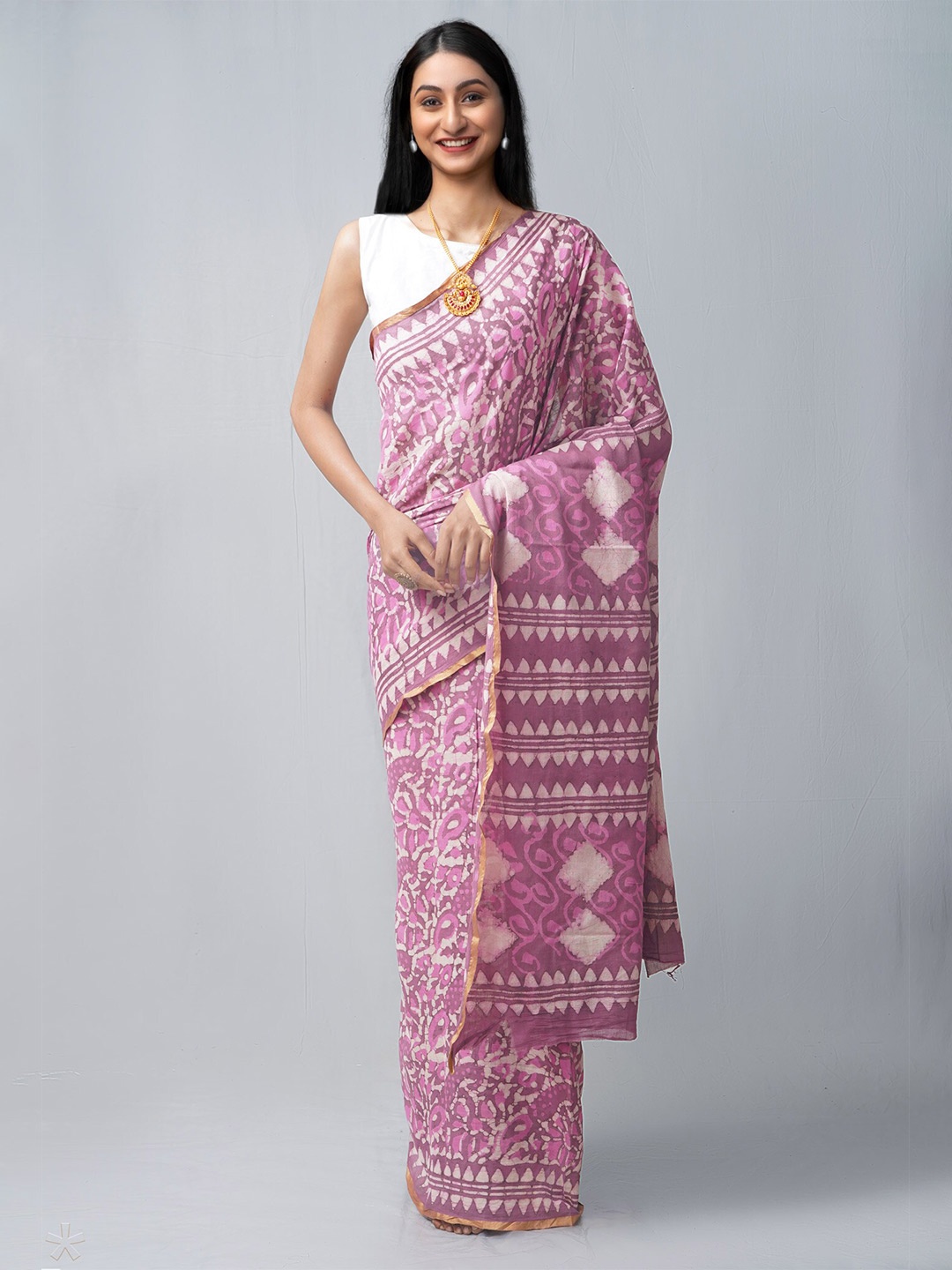 

Unnati Silks Ethnic Motifs Zari Pure Cotton Block Print Saree, Pink