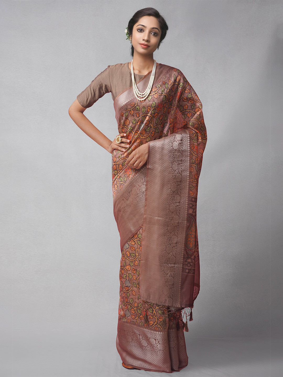 

Unnati Silks Floral Zari Silk Cotton Maheshwari Saree, Brown