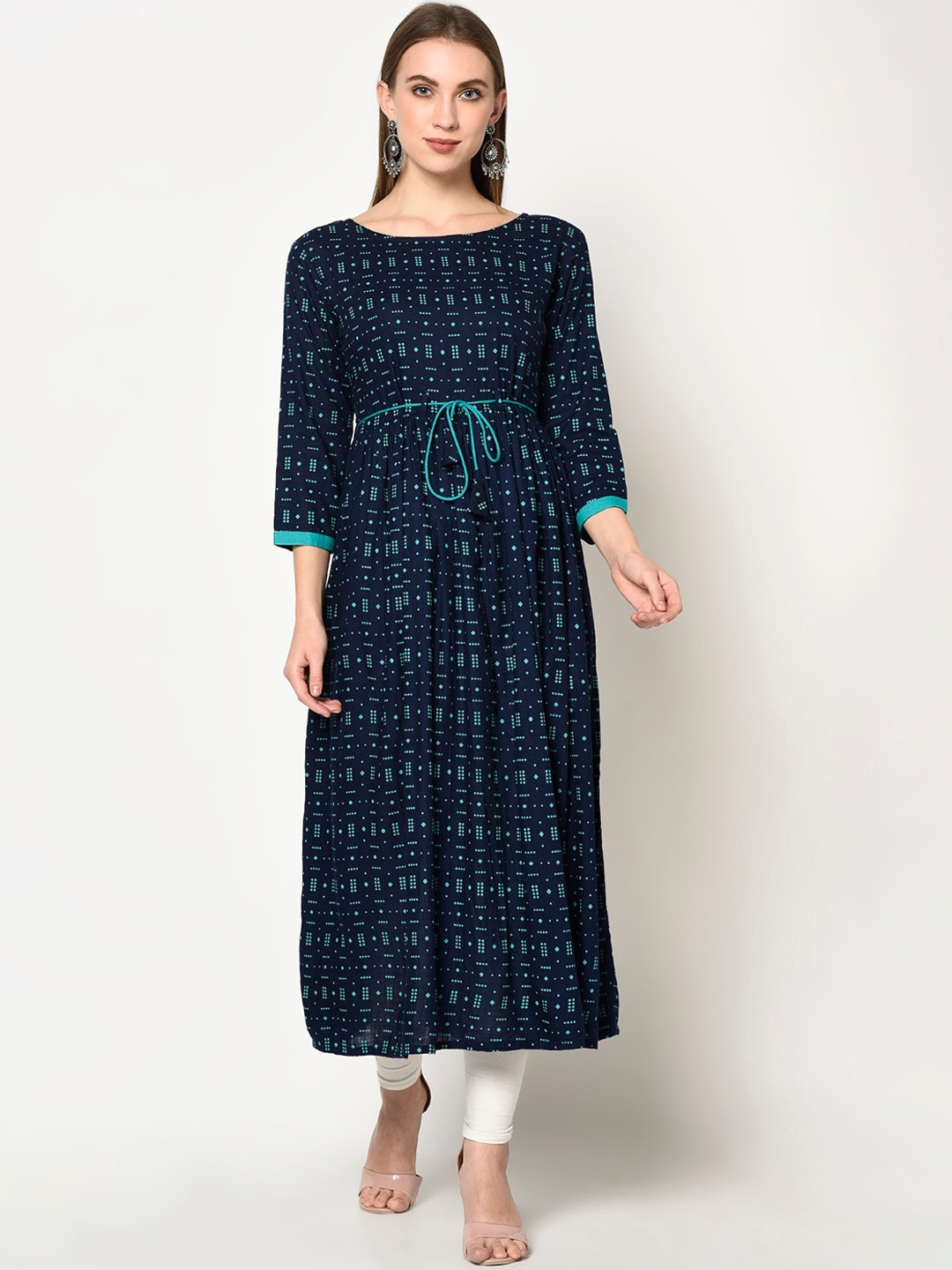 

ERISHA Women Geometric Printed Belted Detail Kurta, Blue