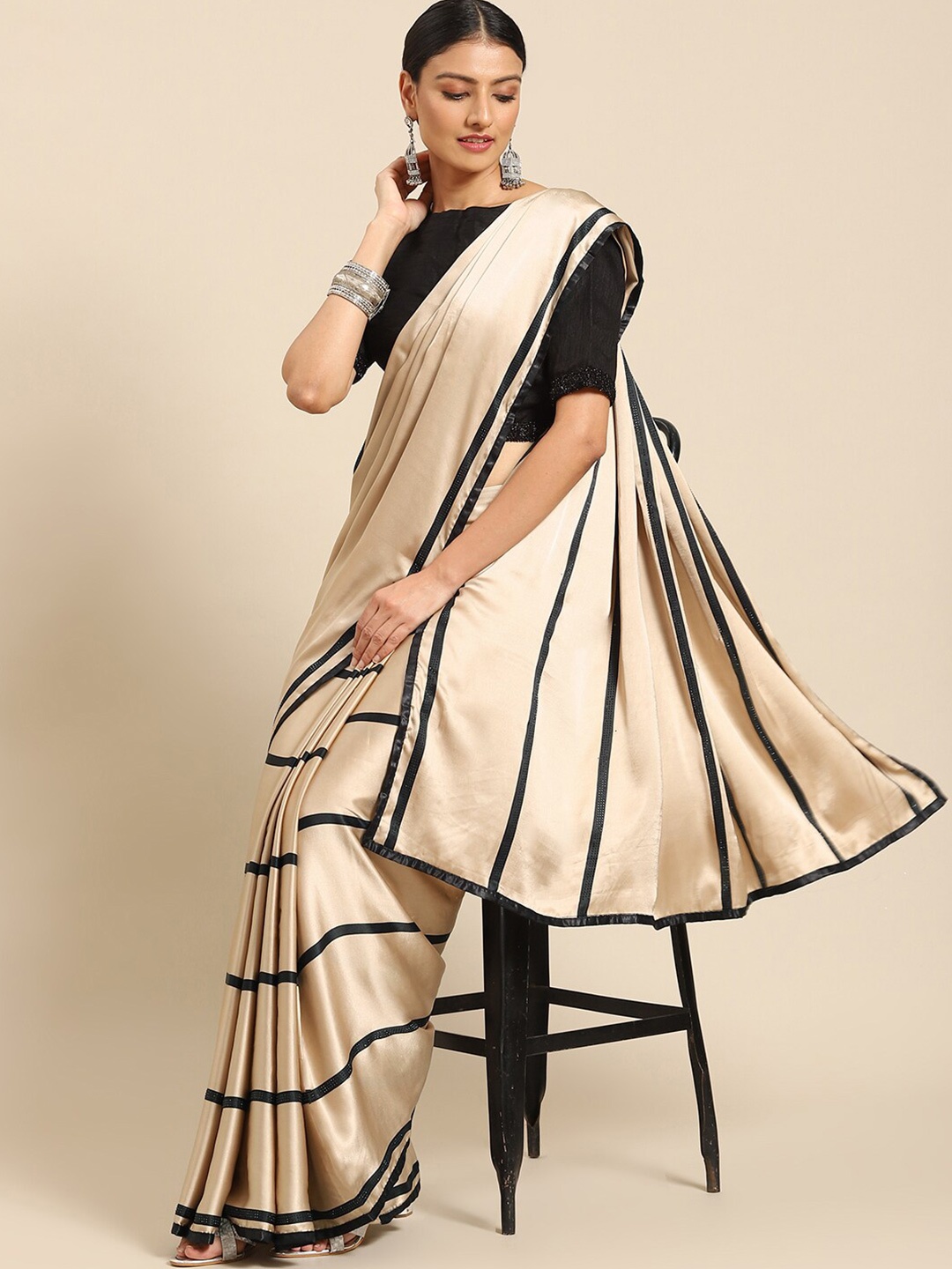 

Mitera Striped Satin Saree, Beige