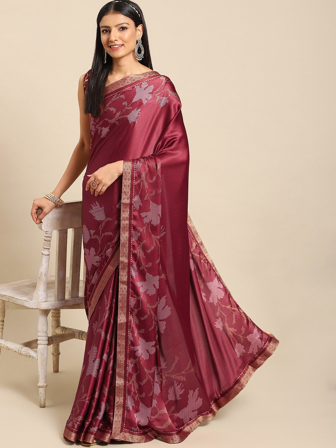 

Mitera Floral Zari Satin Saree, Maroon