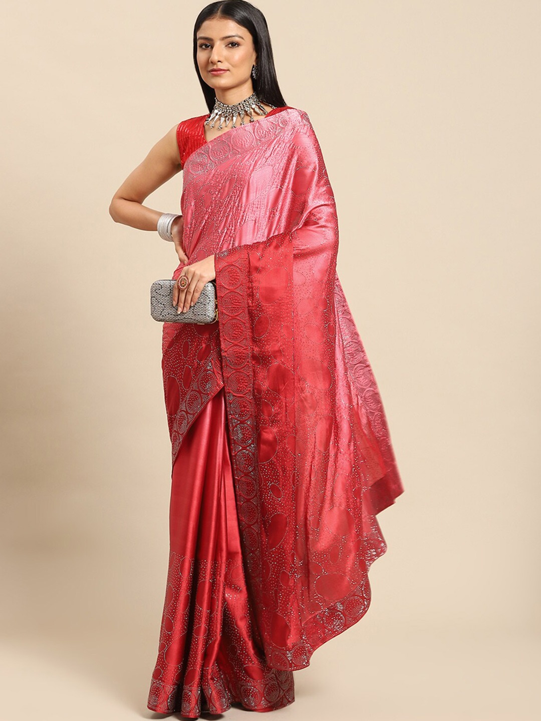

Mitera Embellished Beads and Stones Satin Saree, Pink