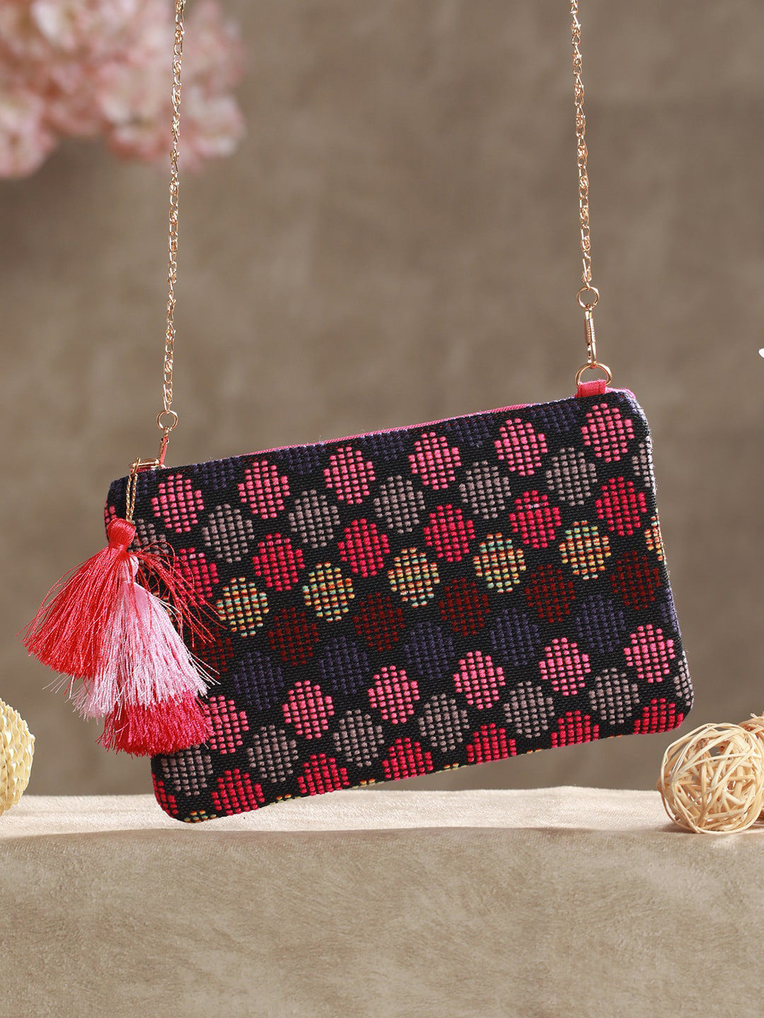 

Priyaasi Geometric Printed Structured Sling Bag with Tasselled, Black