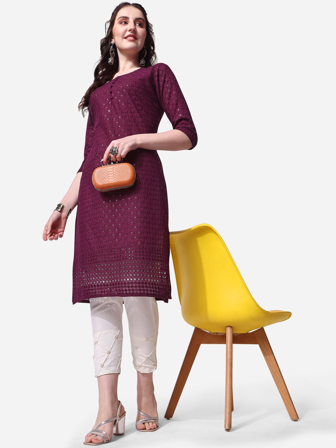 

Berrylicious Ethnic Motifs Embroidered Sequinned Pure Cotton Kurta with Trousers, Purple