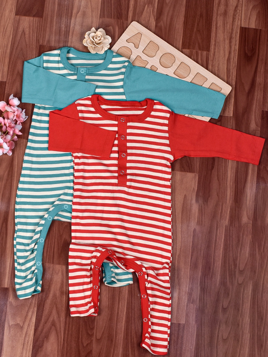 

Moms Home Infant Pack Of 2 Striped Organic Cotton Rompers, Blue
