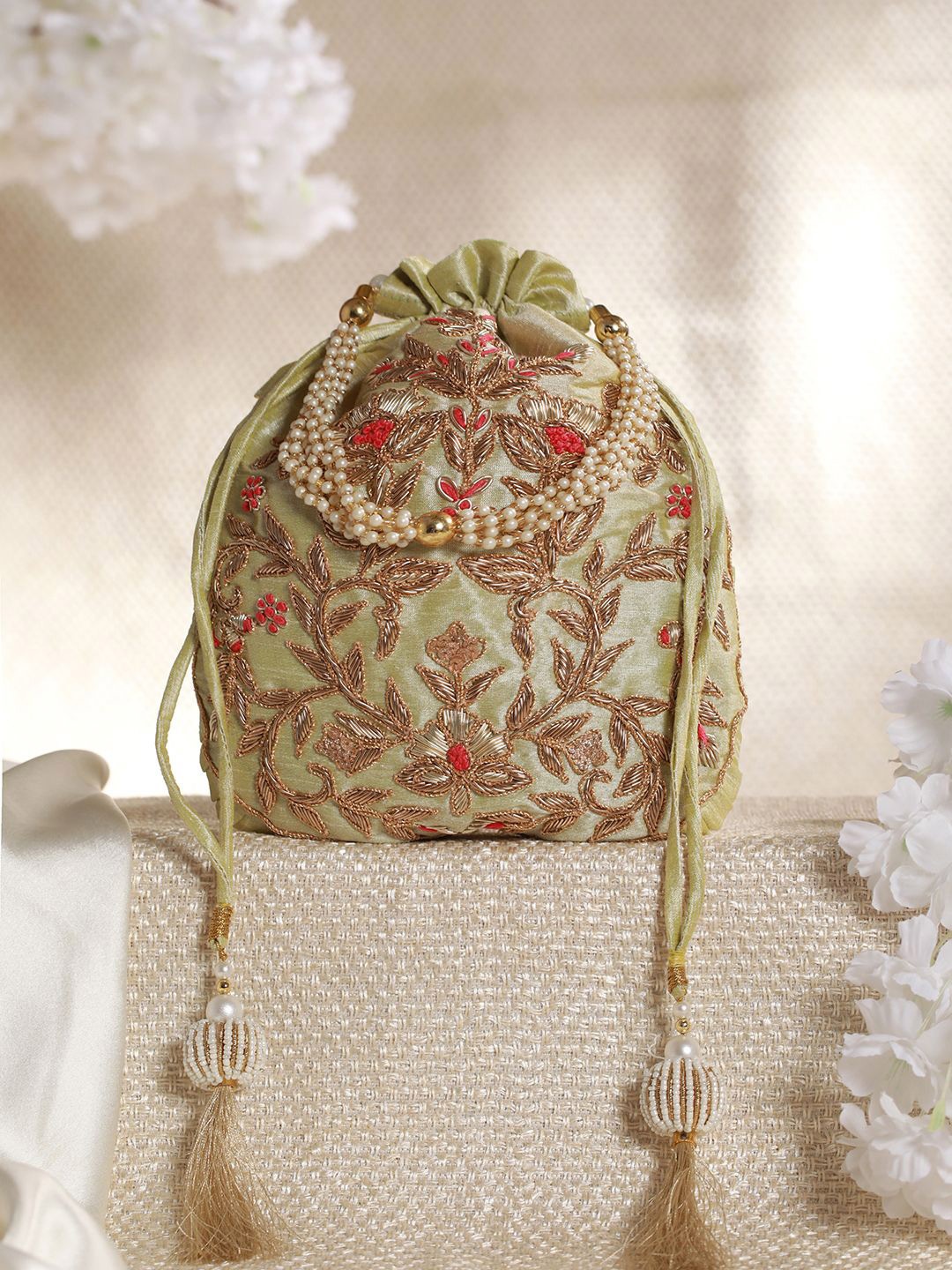 

Priyaasi Embroidered Potli Clutch, Green