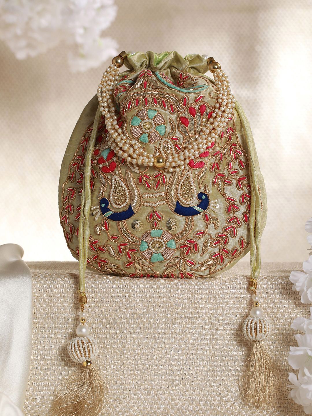 

Priyaasi Embroidered Potli Clutch, Sea green