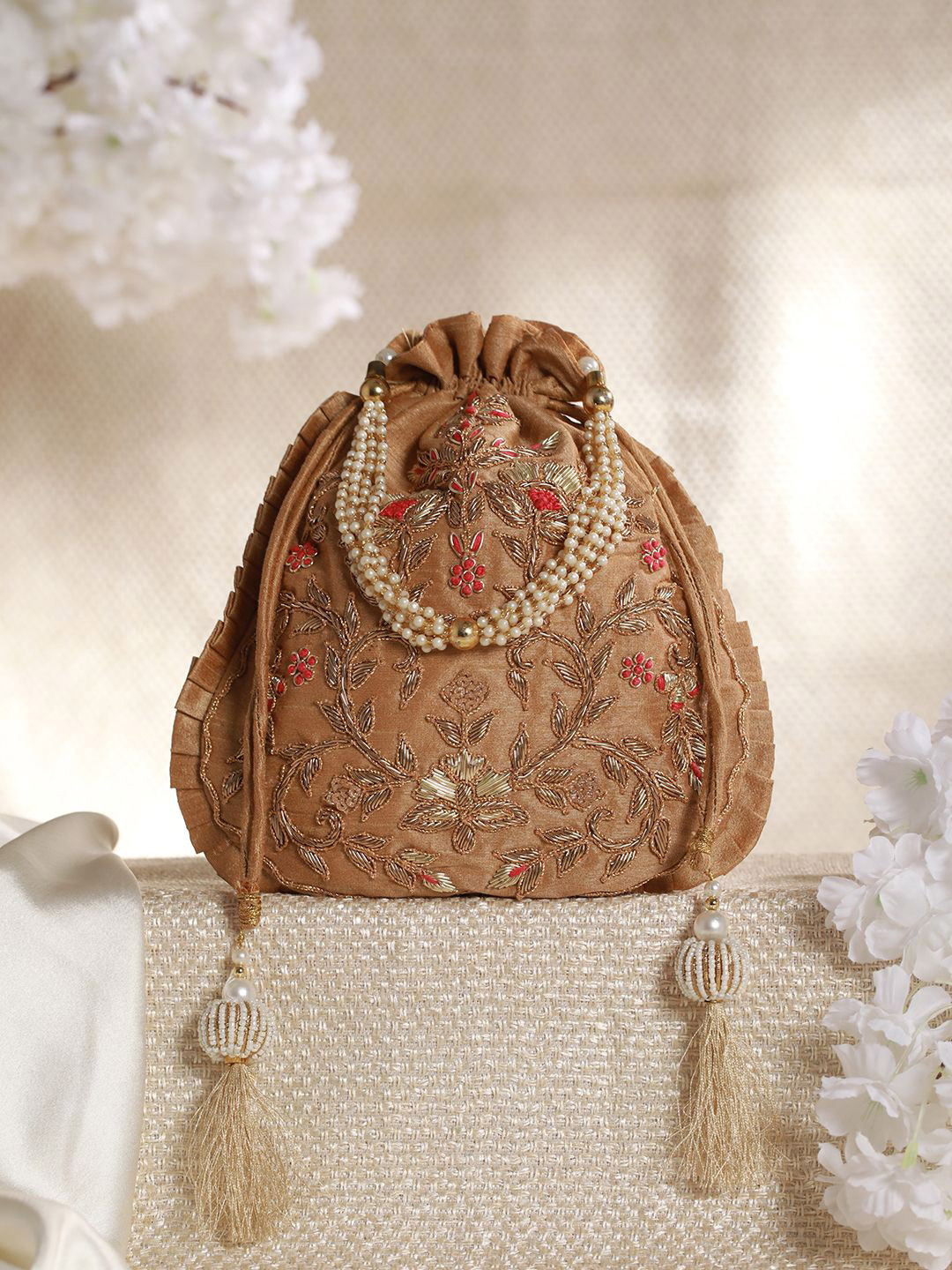

Priyaasi Embellished Potli Clutch, Beige