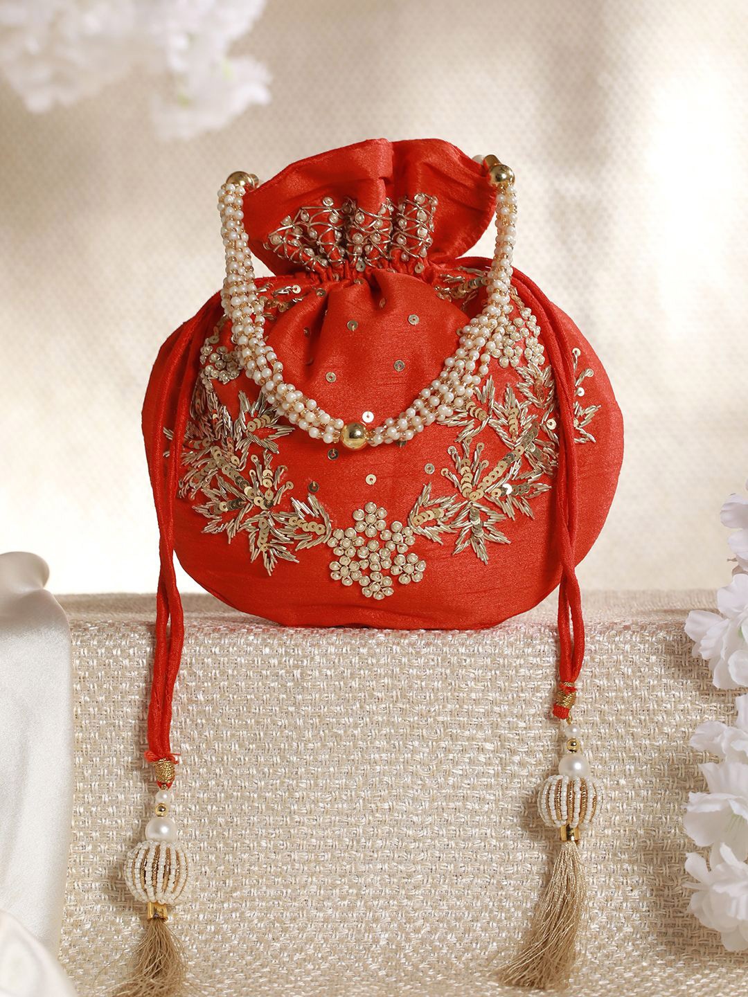 

Priyaasi Orange & Gold-Toned Embellished Potli Clutch