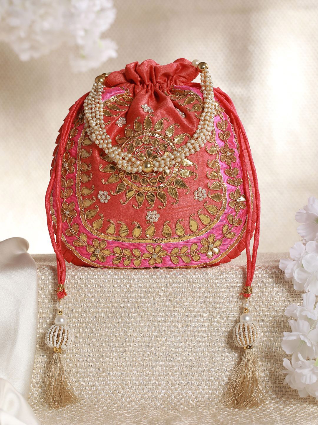 

Priyaasi Peach-Coloured & Gold-Toned Embellished Potli Clutch