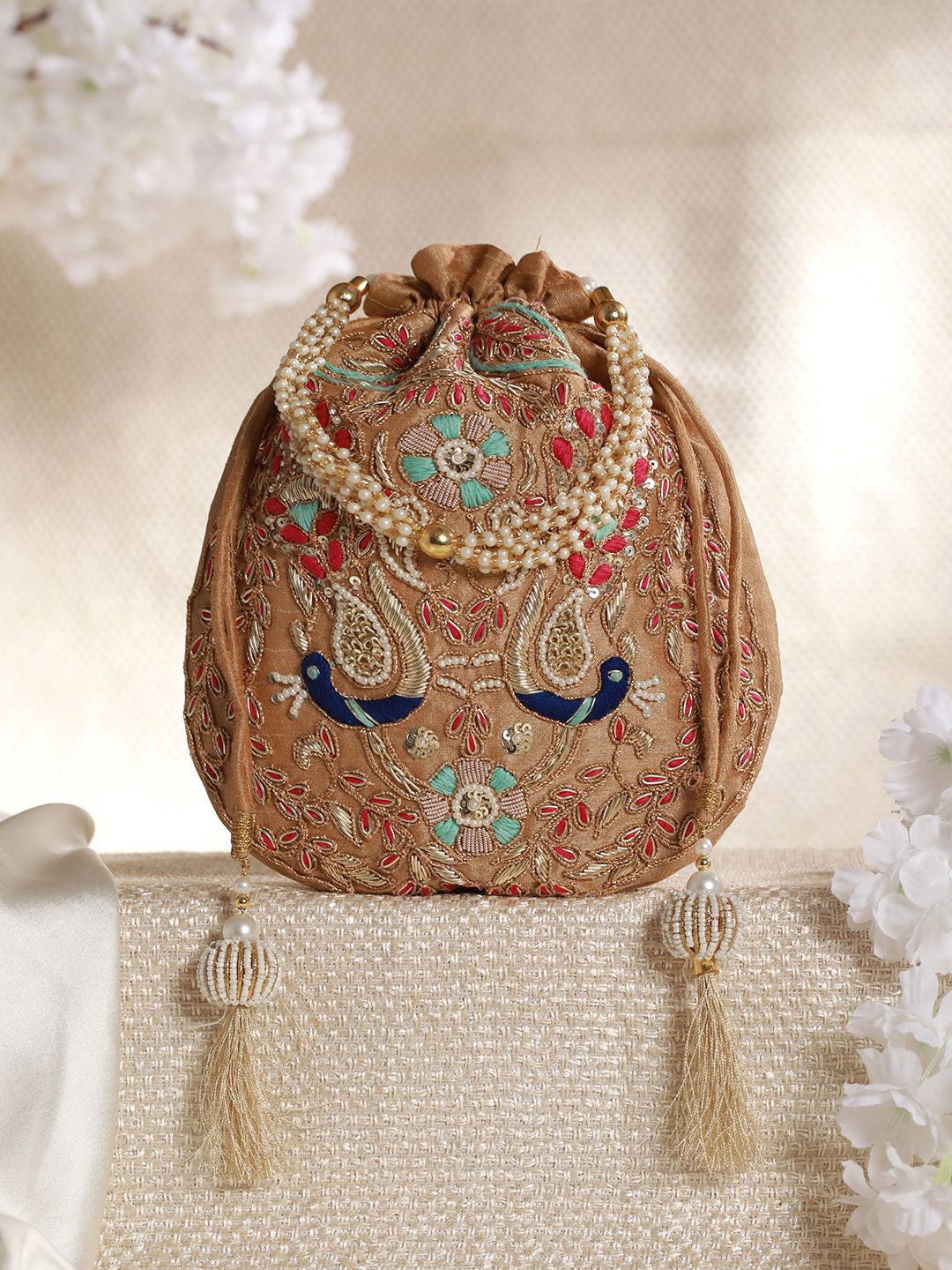 

Priyaasi Beige & Green Embellished Potli Clutch