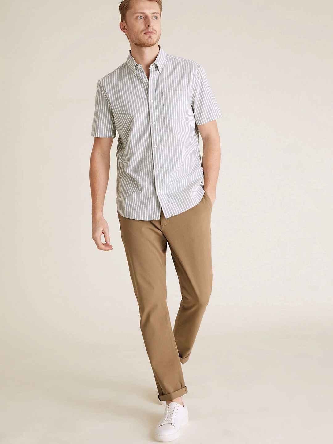 

Marks & Spencer Men High-Rise Chinos Trousers, Brown