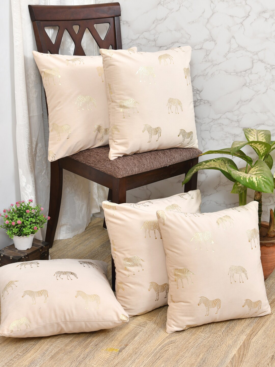 

Clasiko Set Of 5 Cream Quirky Printed Velvet Square Cushion Covers