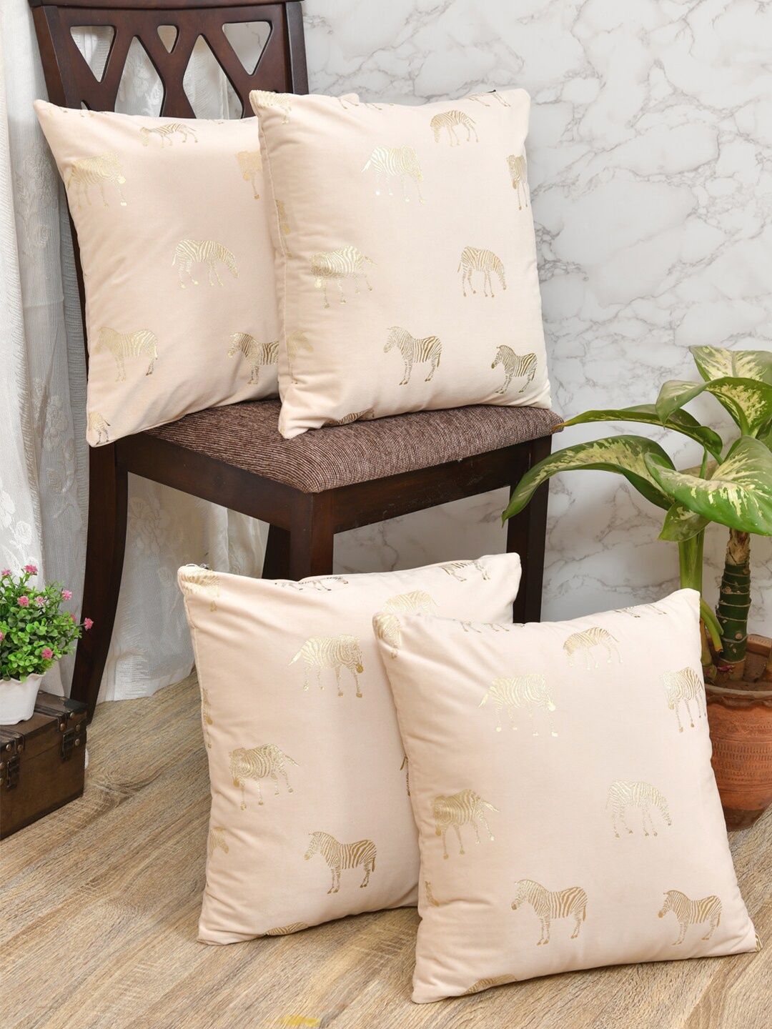 

Clasiko Set Of 4 Cream Quirky Printed Velvet Square Cushion Covers