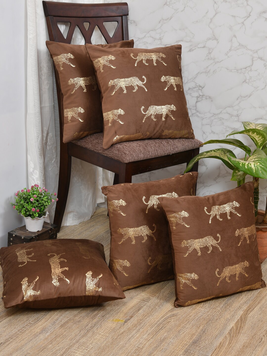 

Clasiko Set Of 5 Brown Quirky Printed Velvet Square Cushion Covers