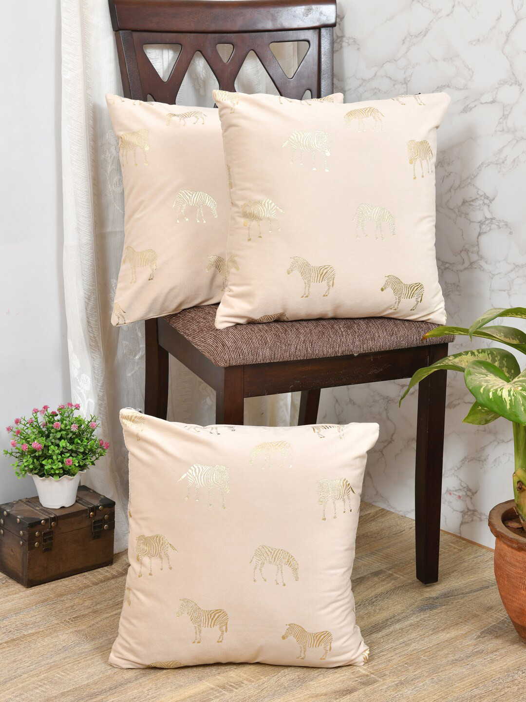 

Clasiko Cream & Gold-Toned Set of 3 Zebra Print Velvet Square Cushion Covers