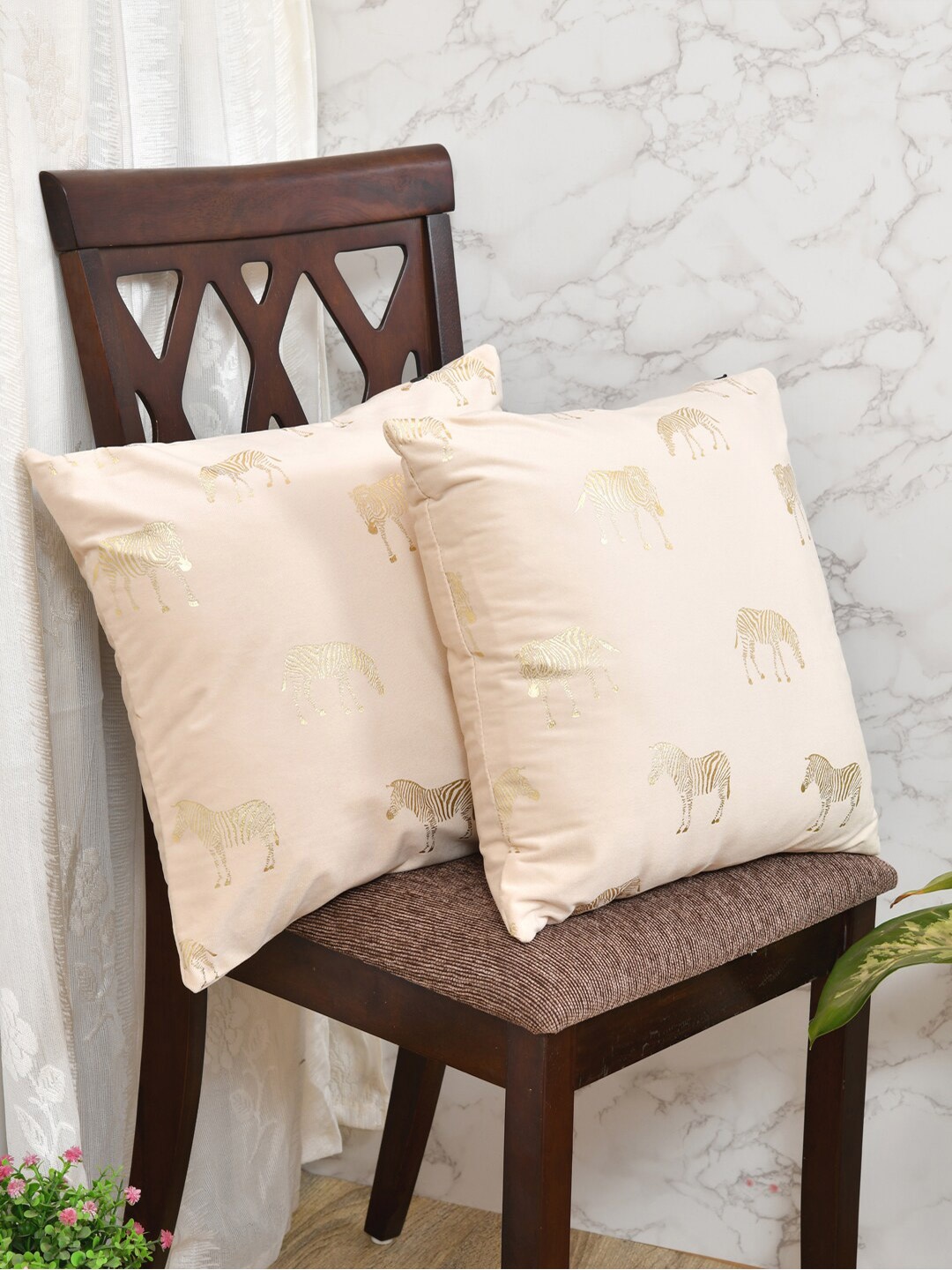 

Clasiko Cream & Gold-Toned Set of 2 Zebra Print Velvet Square Cushion Covers