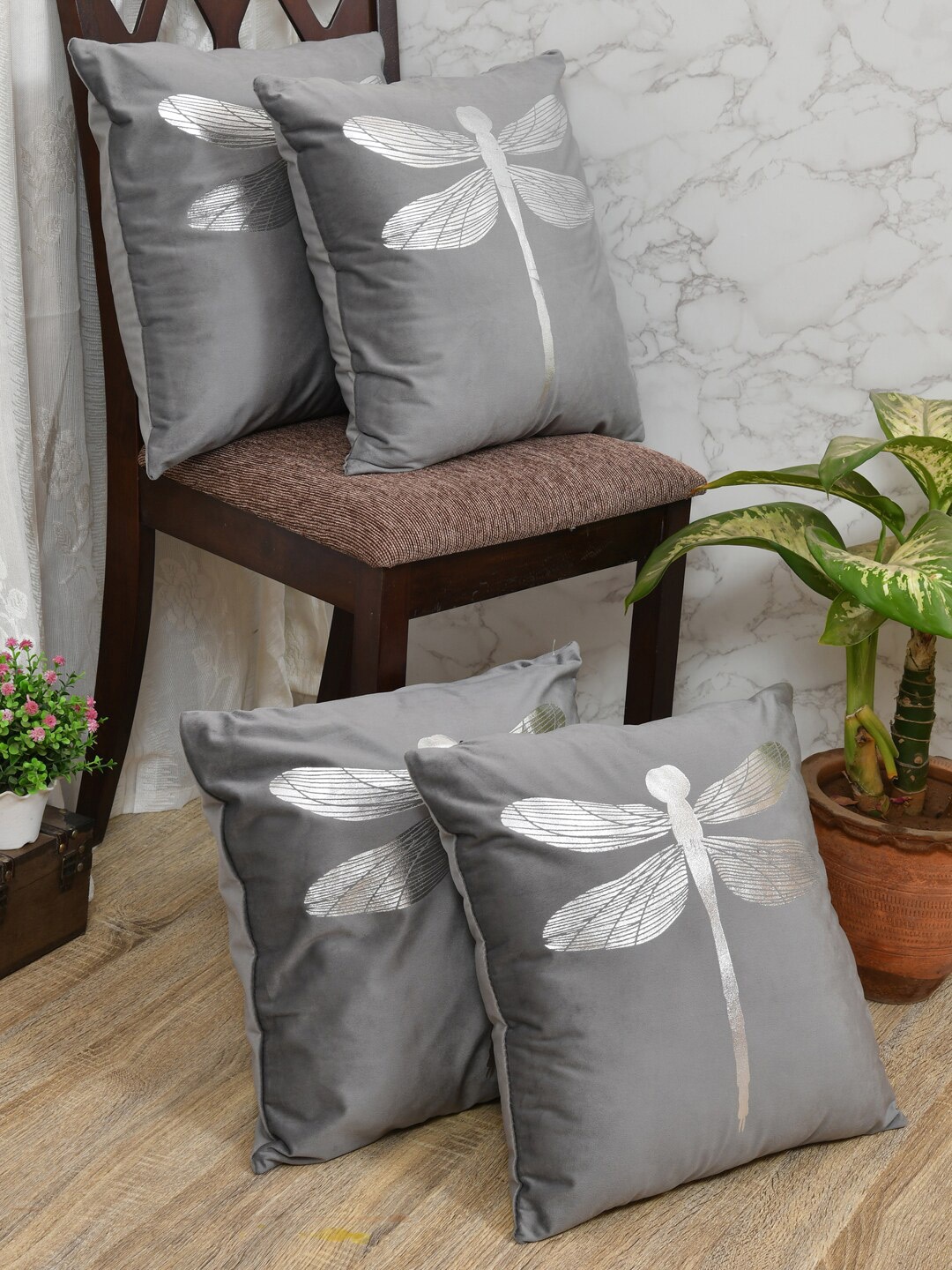 

Clasiko Grey & Silver-Toned Set of 4 Butterfly Velvet Square Cushion Covers