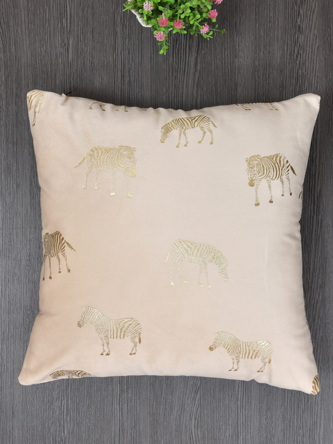 

Clasiko Cream & Gold-Toned Set of 3 Zebra Velvet Square Cushion Covers