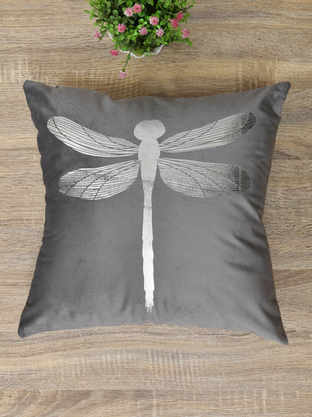 

Clasiko Grey & Silver-Toned Set of 4 Butterfly Velvet Square Cushion Covers