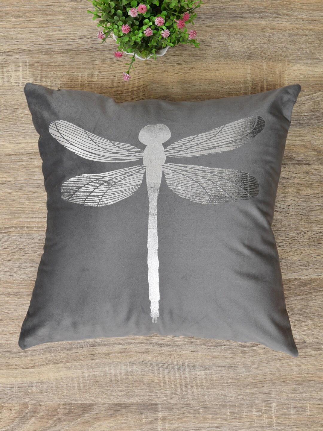 

Clasiko Grey & Silver-Toned Set of 2 Butterfly Velvet Square Cushion Covers