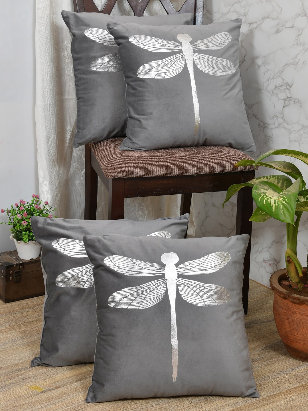 

Clasiko Grey & Silver-Toned Set of 4 Butterfly Velvet Square Cushion Covers