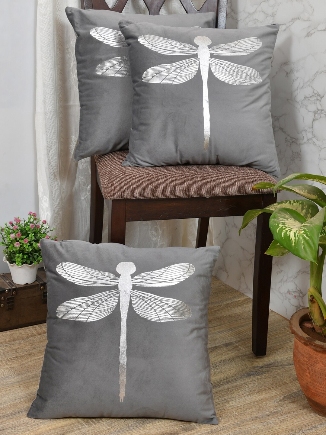 

Clasiko Grey & Silver-Toned Set of 3 Butterfly Velvet Square Cushion Covers