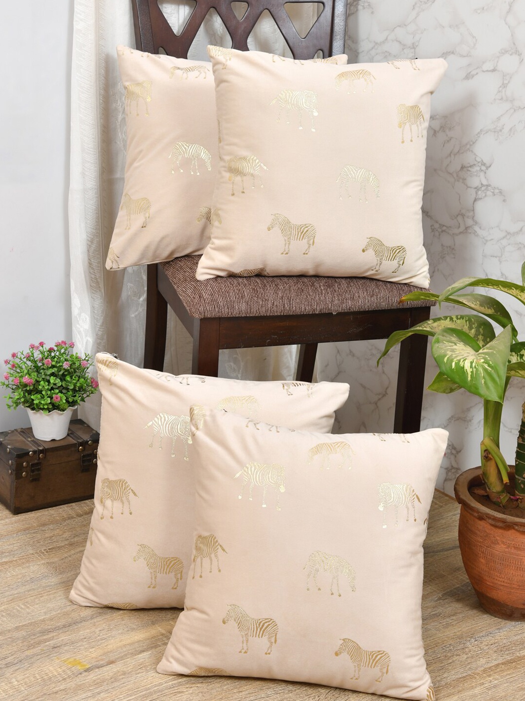 

Clasiko Set of 4 Cream Quirky Printed Velvet Square Cushion Covers