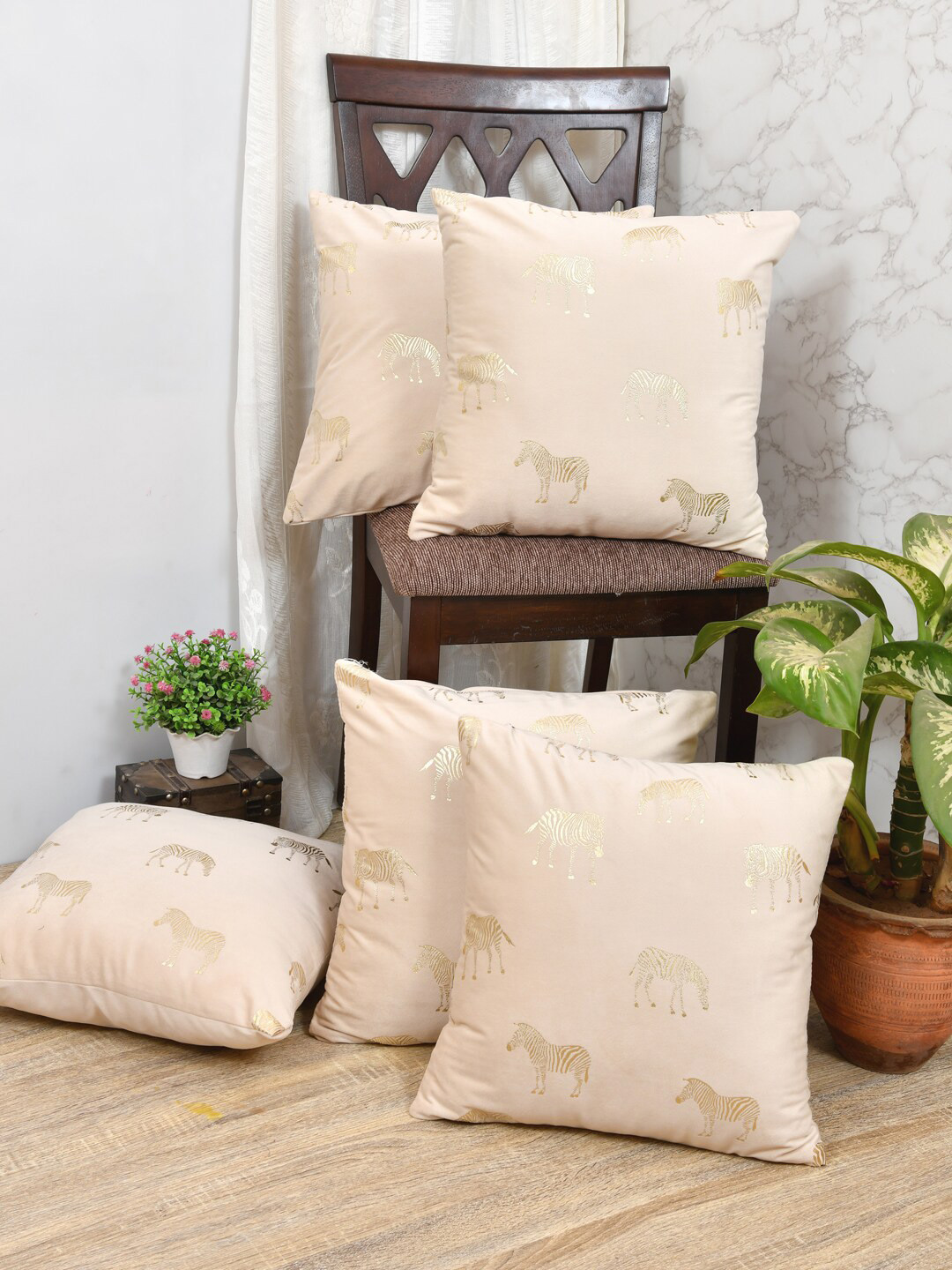 

Clasiko Cream Set Of 5 Quirky Printed Velvet Square Cushion Covers
