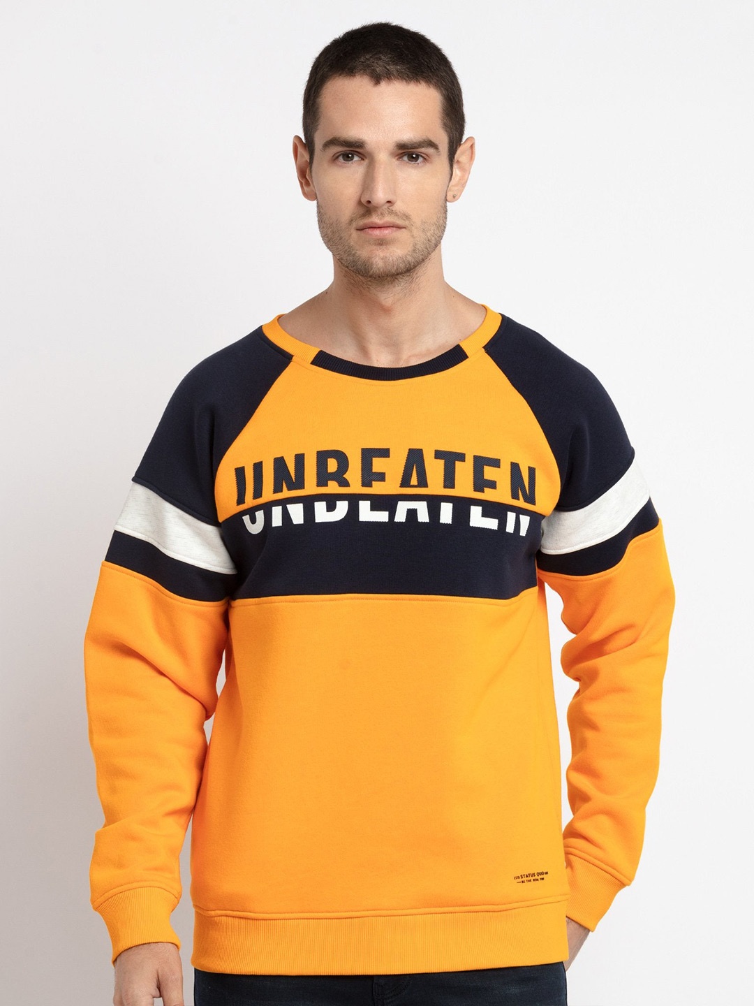 

Status Quo Men Typography Printed Pullover Cotton Sweatshirt, Yellow