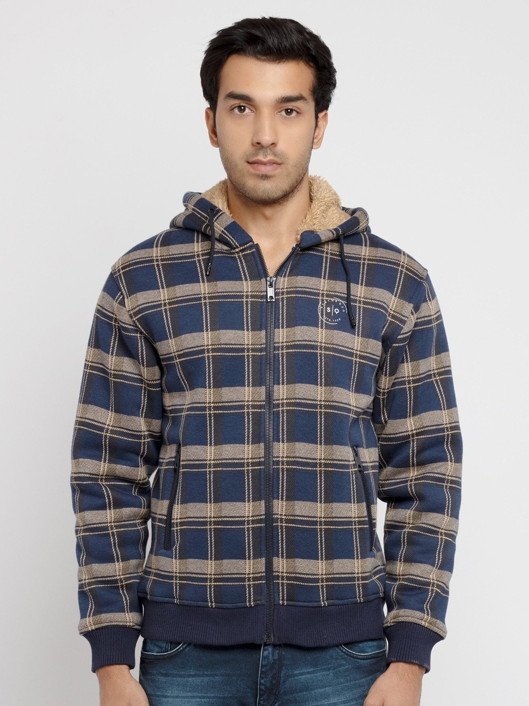 

Status Quo Men Front-Open Checked Cotton Pullover Sweatshirt, Navy blue