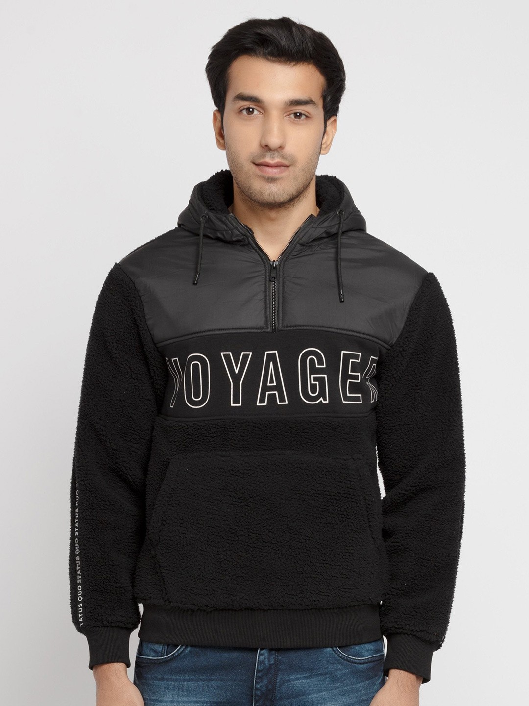 

Status Quo Men Typography Printed Hooded Cotton Pullover Sweatshirt, Black