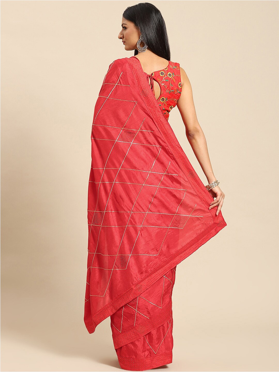 

Mitera Checked Beads and Stones Saree, Red