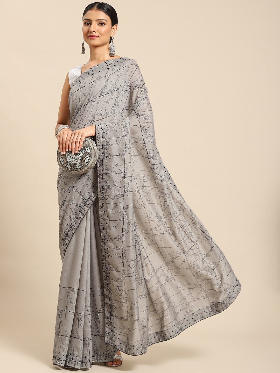 

Mitera Beads and Stones Saree, Grey